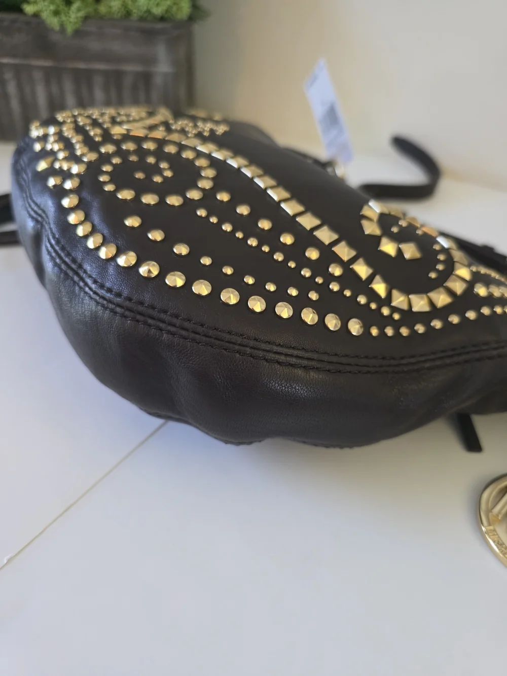 Michael Kors Rhea Studded  Shoulder/Crossbody Dark Chocolate Leather Fringe-New